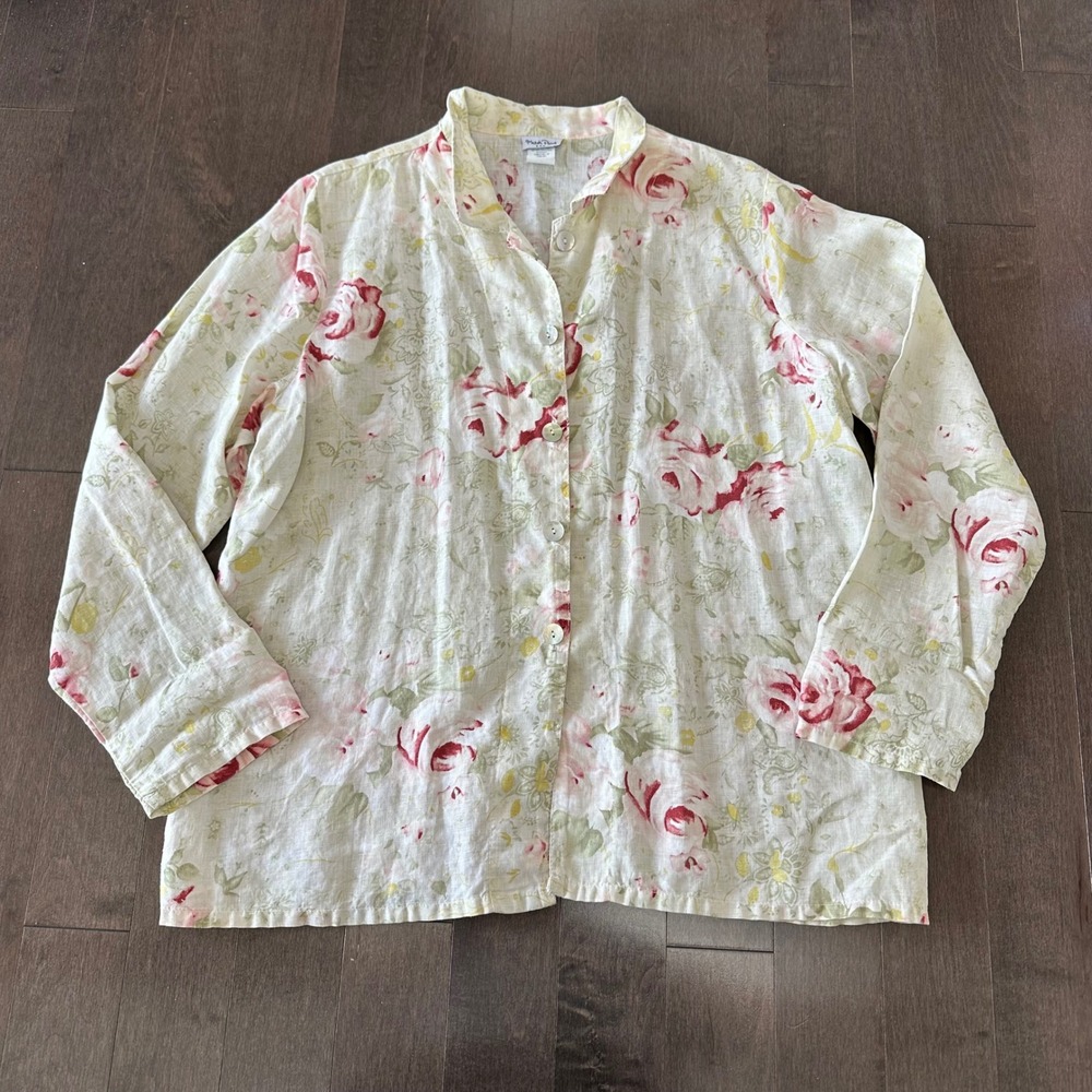 Match Point USA Linen Button Down Cottagecore Floral Romantic Euro Summer L